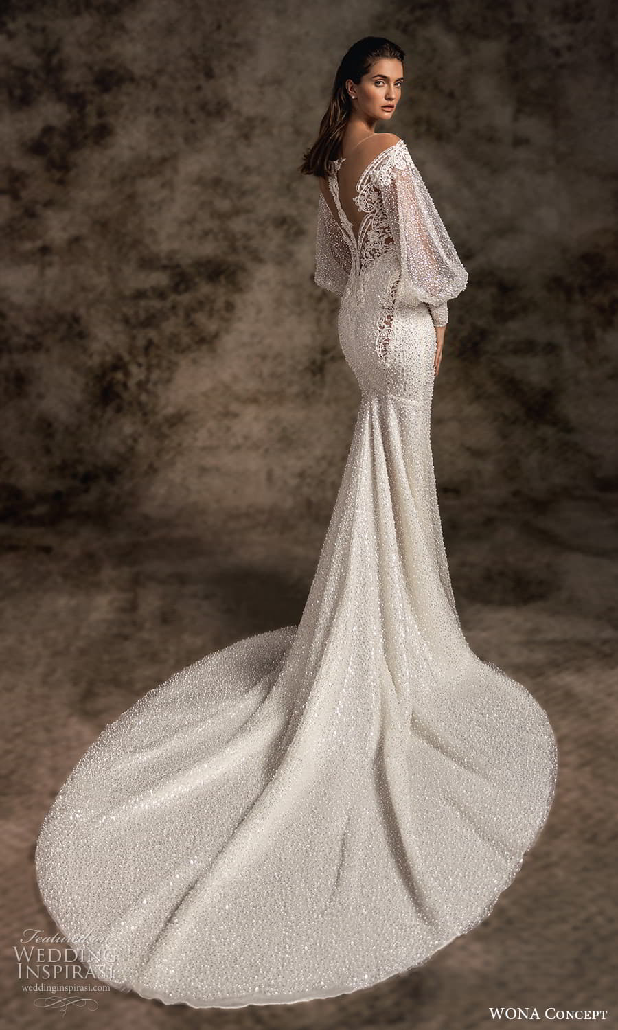 wona concept 2023 bridal sheer bishop sleeve off shoulder sweetheart neckline fully embellished sheath wedding dress chapel train (14) bv