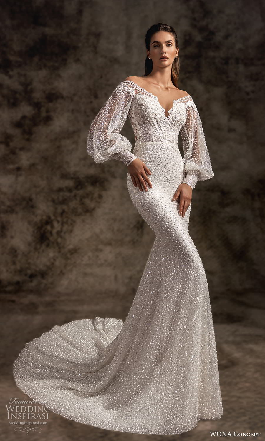 wona concept 2023 bridal sheer bishop sleeve off shoulder sweetheart neckline fully embellished sheath wedding dress chapel train (14) mv