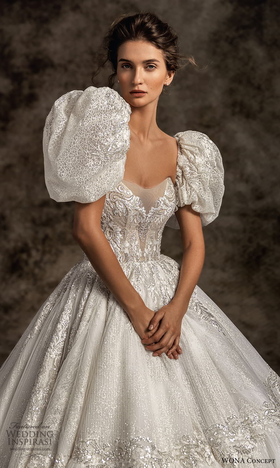 wona concept 2023 bridal short puff sleeve semi sweetheart neckline fully embellished a line ball gown wedding dress chapel train (8) zv