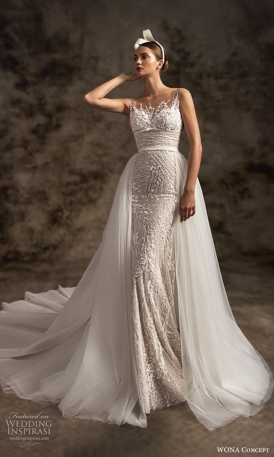 wona concept 2023 bridal sleeveless illusion strap fully embellished sheath wedding dress a line overskirt chapel train (15) mv