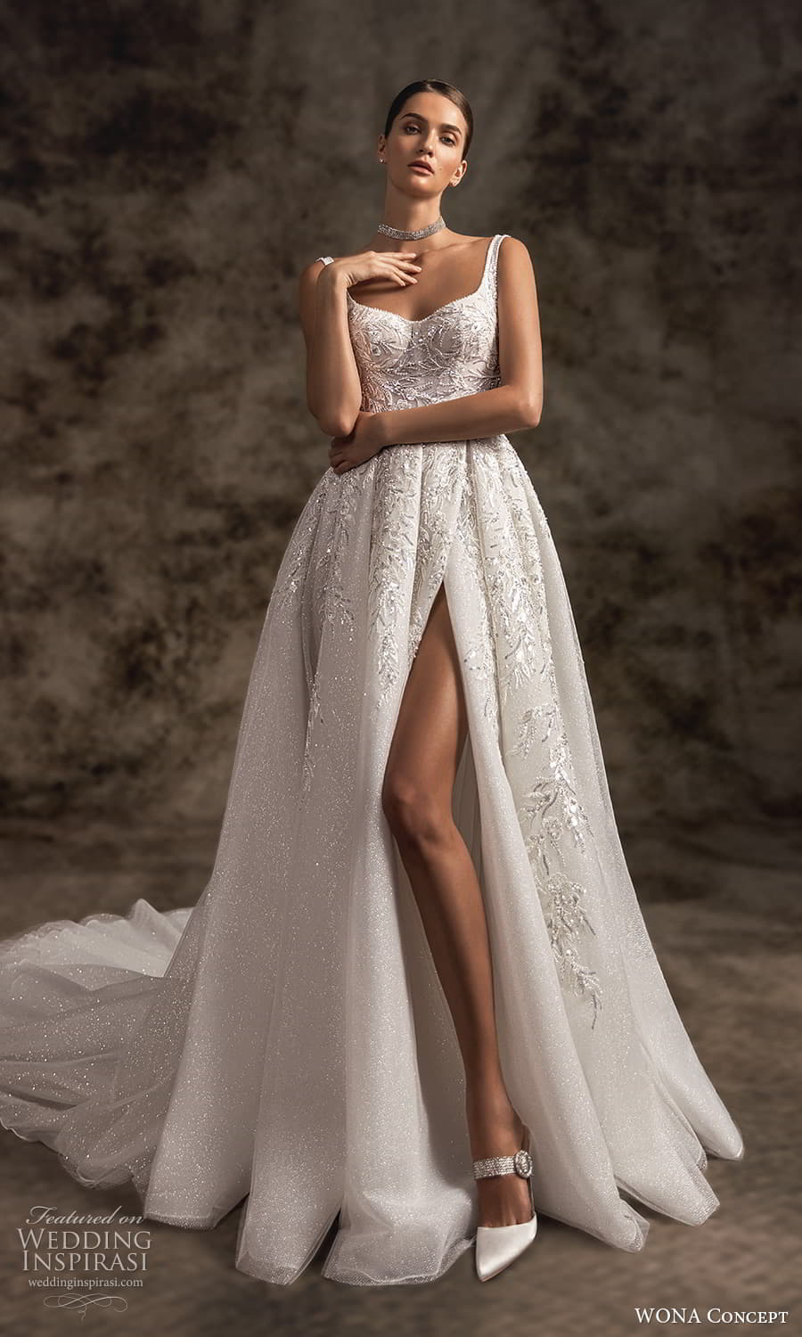 wona concept 2023 bridal sleeveless straps semi sweetheart neckline fully embellished a line ball gown wedding dress slit skirt chapel train (1) mv