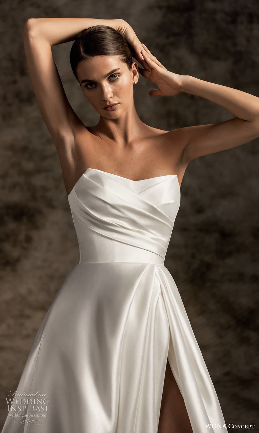wona concept 2023 bridal strapless semi sweetheart neckline pleated bodice clean minimalist a line ball gown wedding dress slit skirt chapel train (7) zv wona concept 2023 bridal strapless semi sweetheart neckline pleated bodice clean minimalist a line ball gown wedding dress slit skirt chapel train (7) zv