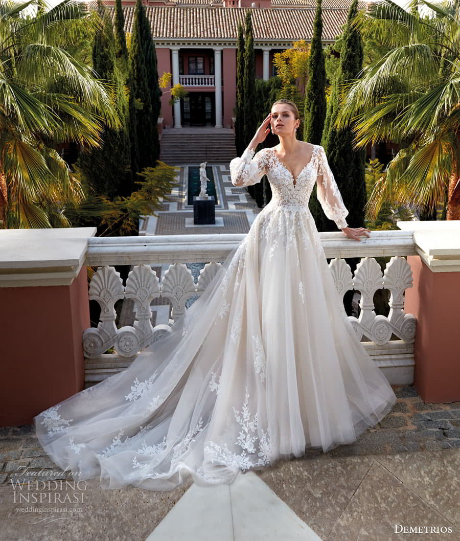 demetrios 2023 bridal long sleeve sleeveless strapless sweetheart neckline romantic lace a line ball gown wedding dress chapel train 1186 3