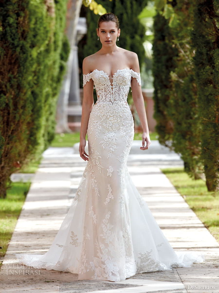 demetrios 2023 bridal long sleeve sleeveless strapless sweetheart neckline romantic lace a line ball gown wedding dress chapel train 1195 3