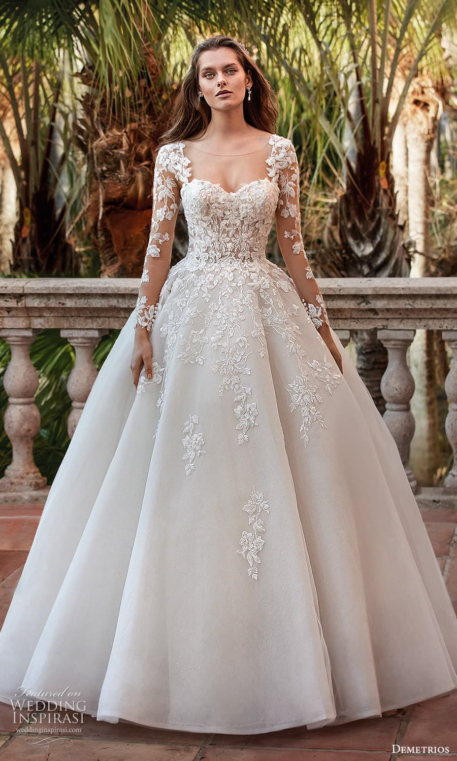 demetrios 2023 bridal long sleeve sleeveless strapless sweetheart neckline romantic lace a line ball gown wedding dress chapel train 1202 3