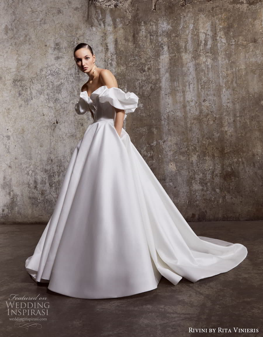 rivini rita vinieris spring 2023 bridal long sleeve strapless sweetheart v neckline modern minimalist romantic a line fit flare ball gown wedding dress chapel train 0 hailey