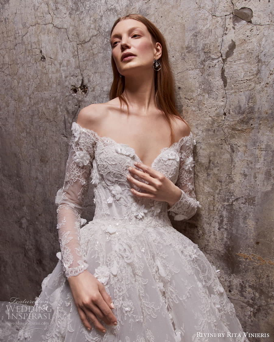 rivini rita vinieris spring 2023 bridal long sleeve strapless sweetheart v neckline modern minimalist romantic a line fit flare ball gown wedding dress chapel train 34 emma