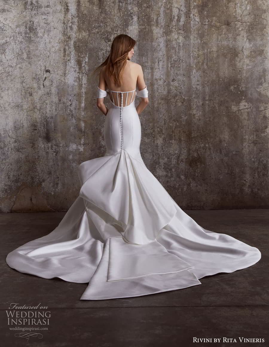 rivini rita vinieris spring 2023 bridal long sleeve strapless sweetheart v neckline modern minimalist romantic a line fit flare ball gown wedding dress chapel train 3 phoebe