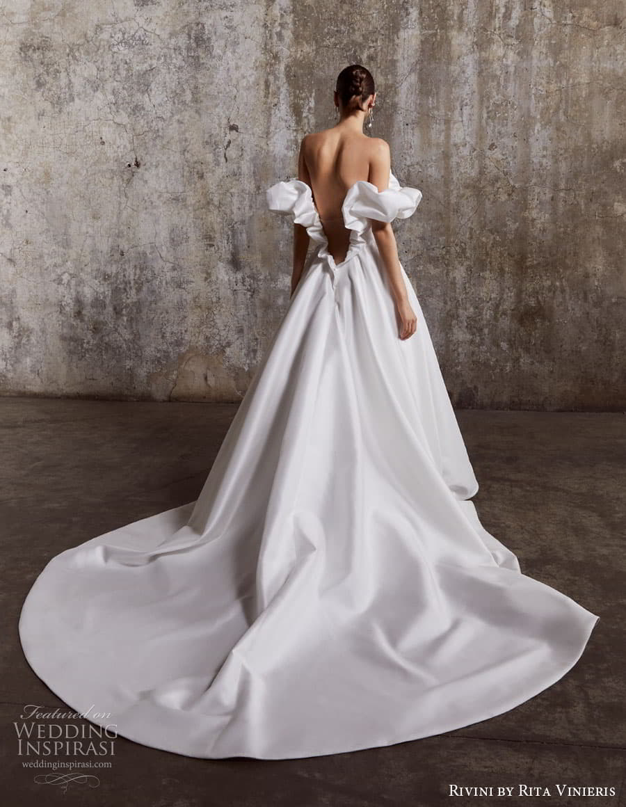 rivini rita vinieris spring 2023 bridal long sleeve strapless sweetheart v neckline modern minimalist romantic a line fit flare ball gown wedding dress chapel train 43 hailey