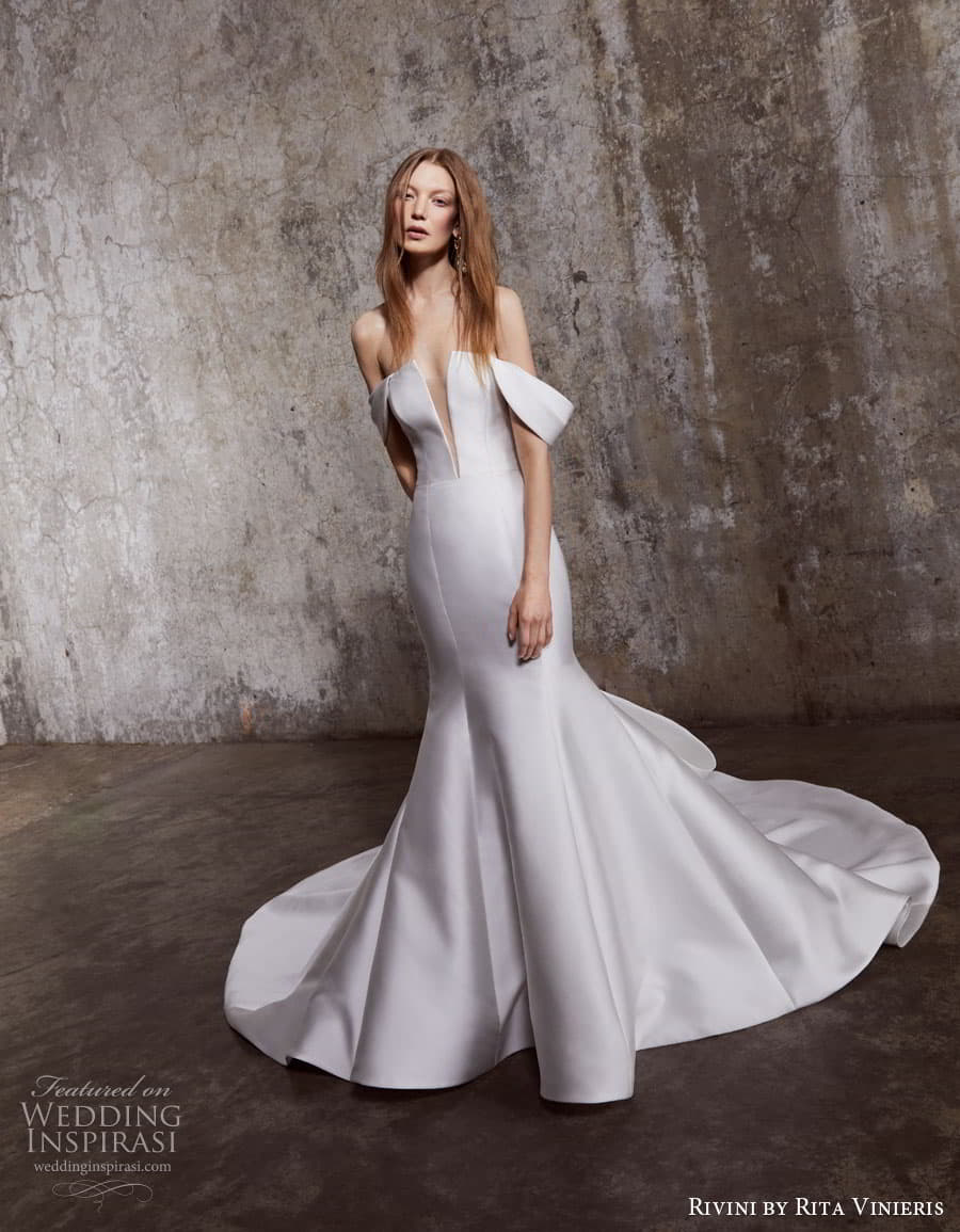 rivini rita vinieris spring 2023 bridal long sleeve strapless sweetheart v neckline modern minimalist romantic a line fit flare ball gown wedding dress chapel train 4 phoebe