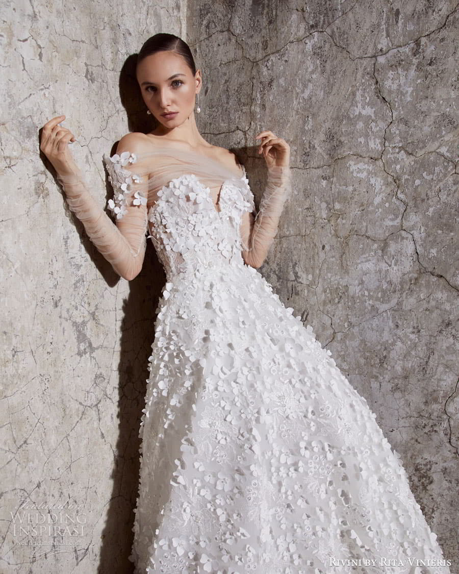 rivini rita vinieris spring 2023 bridal long sleeve strapless sweetheart v neckline modern minimalist romantic a line fit flare ball gown wedding dress chapel train 52 delanie