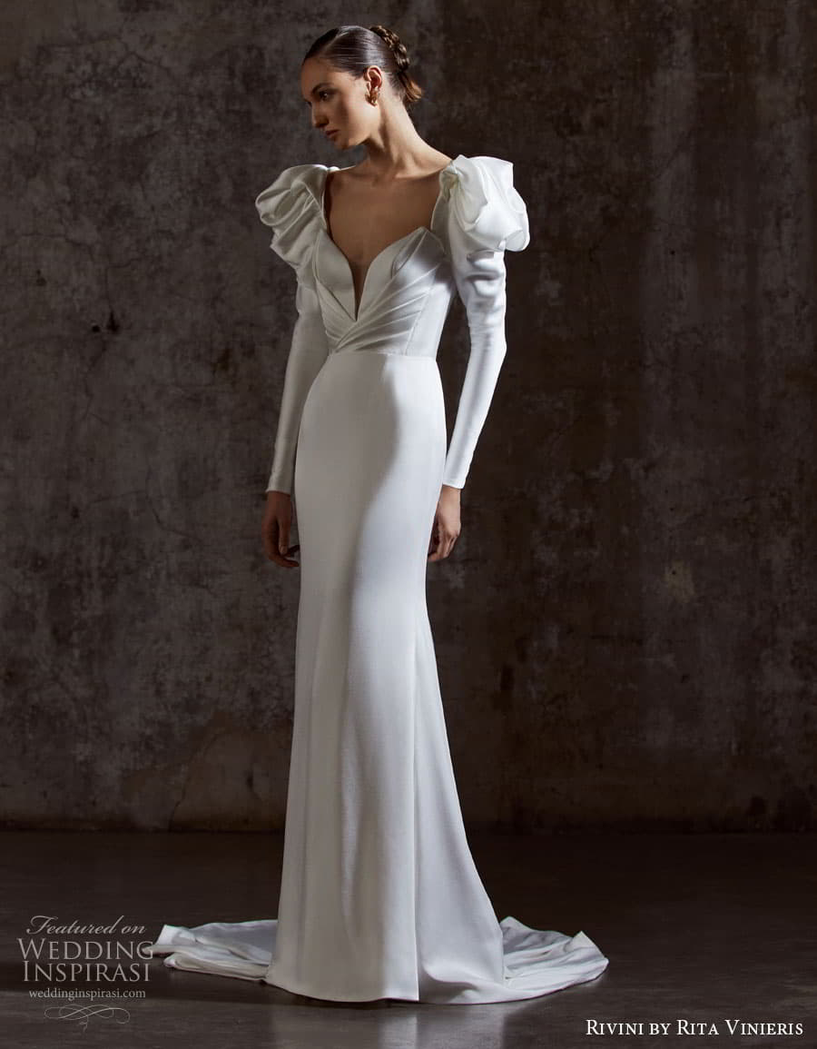 rivini rita vinieris spring 2023 bridal long sleeve strapless sweetheart v neckline modern minimalist romantic a line fit flare ball gown wedding dress chapel train 54 penelope