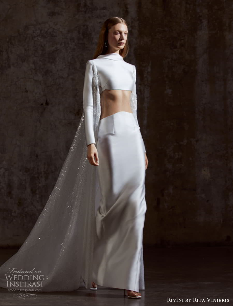 rivini rita vinieris spring 2023 bridal long sleeve strapless sweetheart v neckline modern minimalist romantic a line fit flare ball gown wedding dress chapel train 68 jessa cape