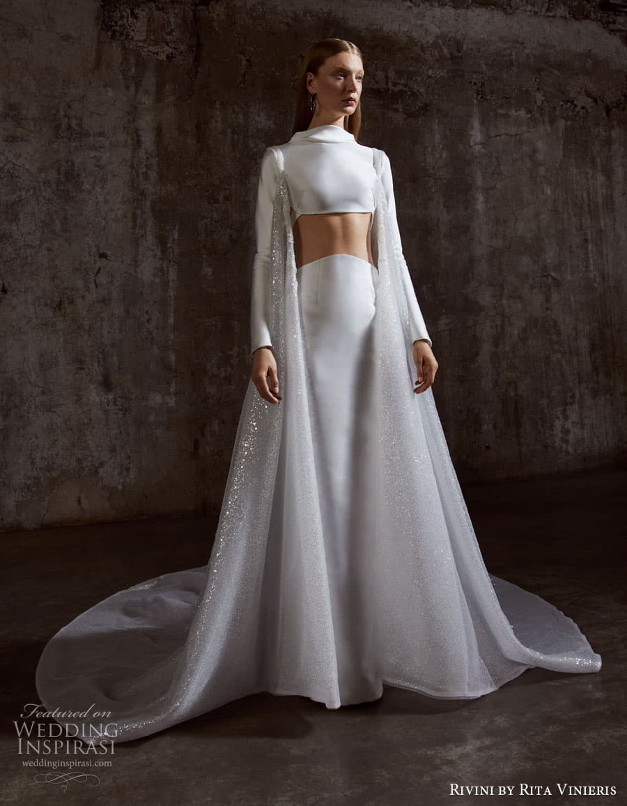 rivini rita vinieris spring 2023 bridal long sleeve strapless sweetheart v neckline modern minimalist romantic a line fit flare ball gown wedding dress chapel train 70 jessa cape