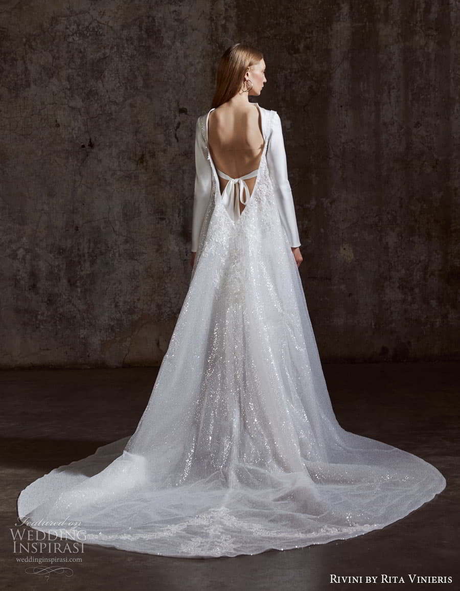 rivini rita vinieris spring 2023 bridal long sleeve strapless sweetheart v neckline modern minimalist romantic a line fit flare ball gown wedding dress chapel train 97 jessa cape