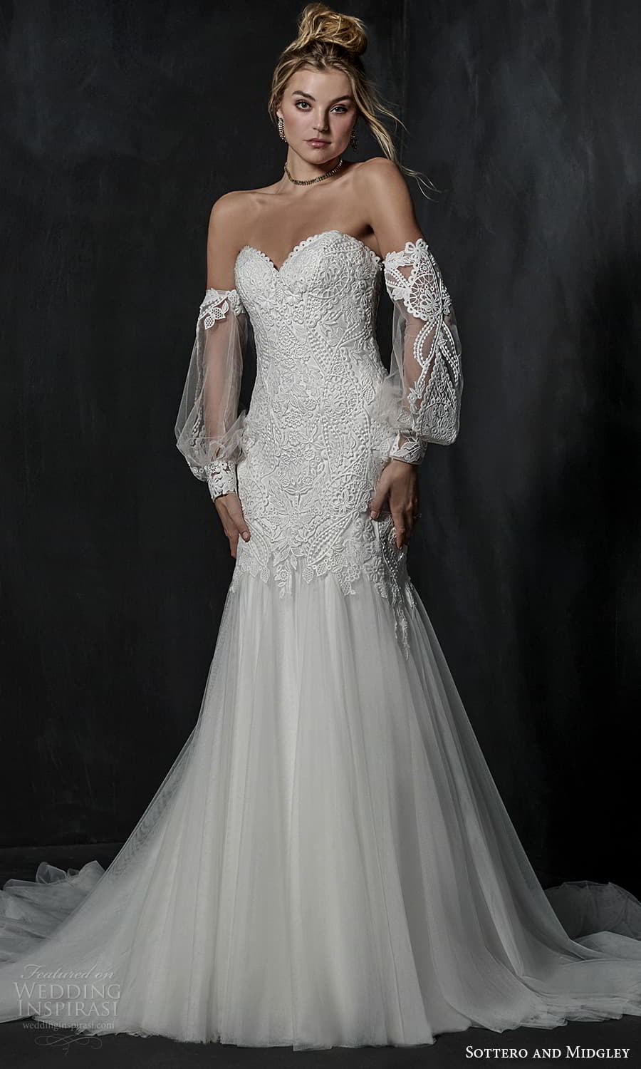 sottero midgley fall 2022 bridal detached bishop sleeve strapless sweetheart neckline fully embellished fit flare wedding dress chapel train (6) mv sottero midgley fall 2022 bridal detached bishop sleeve strapless sweetheart neckline fully embellished fit flare wedding dress chapel train (6) mv