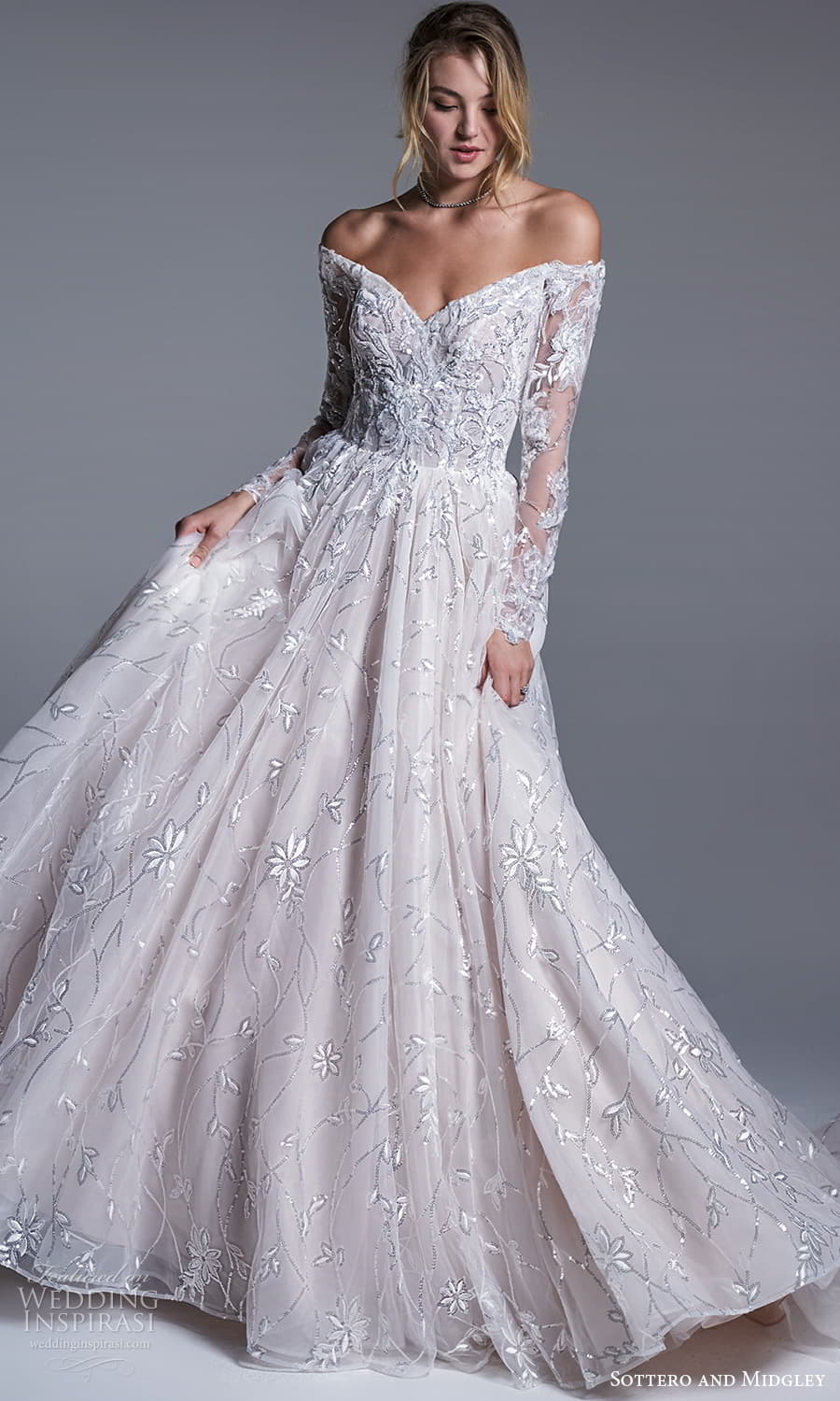 sottero midgley fall 2022 bridal long sleeve off shoulder v neckline embellished bodice a line ball gown wedding dress chapel train (18) mv