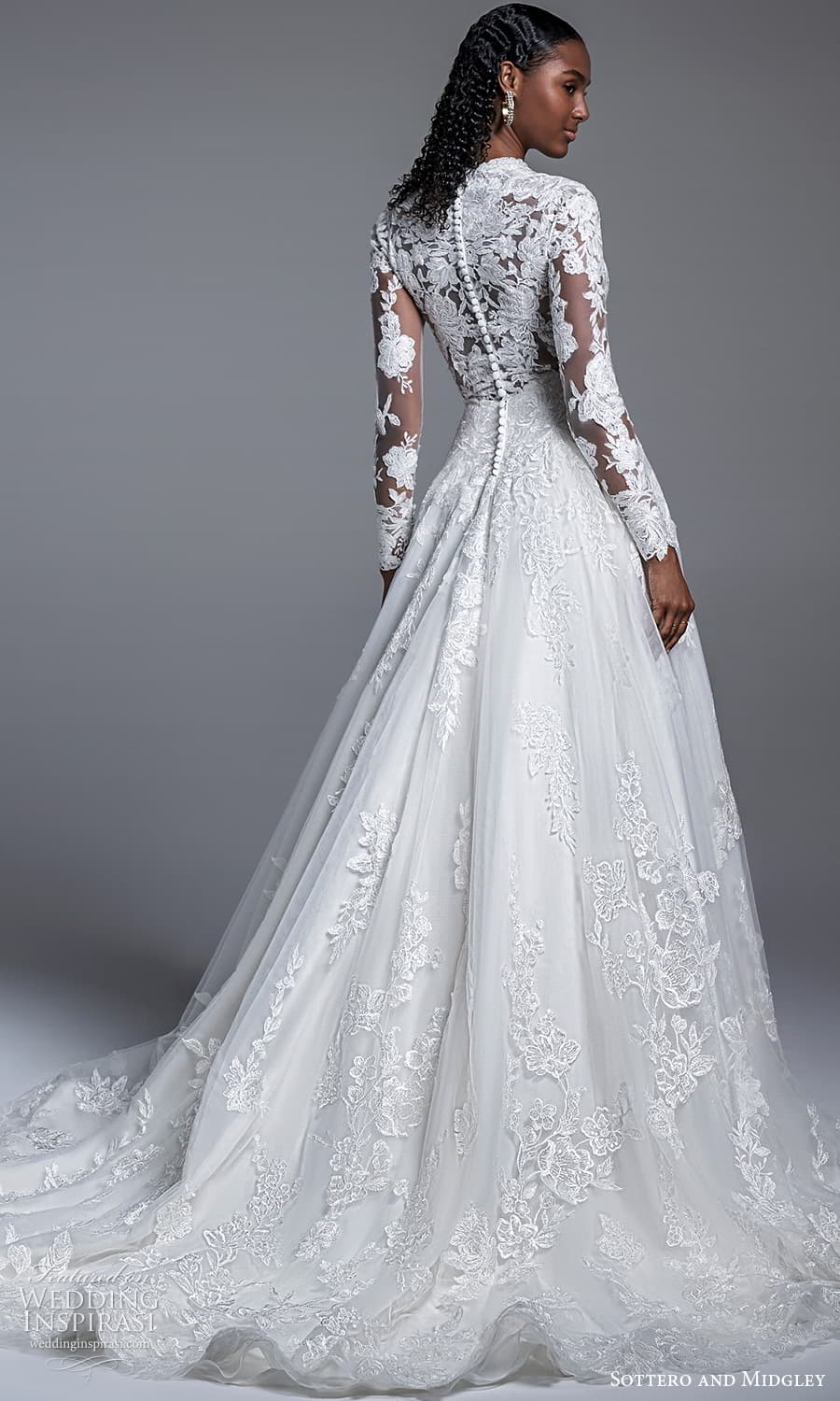 sottero midgley fall 2022 bridal long sleeve v neckline fully embellished lace a line ball gown wedding dress chapel train cutout back (11) bv