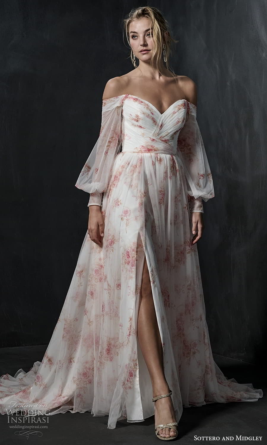sottero midgley fall 2022 bridal off shoulder bishop sleeve sweetheart neckline ruched bodice a line ball gown print wedding dress chapel train (15) mv sottero midgley fall 2022 bridal off shoulder bishop sleeve sweetheart neckline ruched bodice a line ball gown print wedding dress chapel train (15) mv