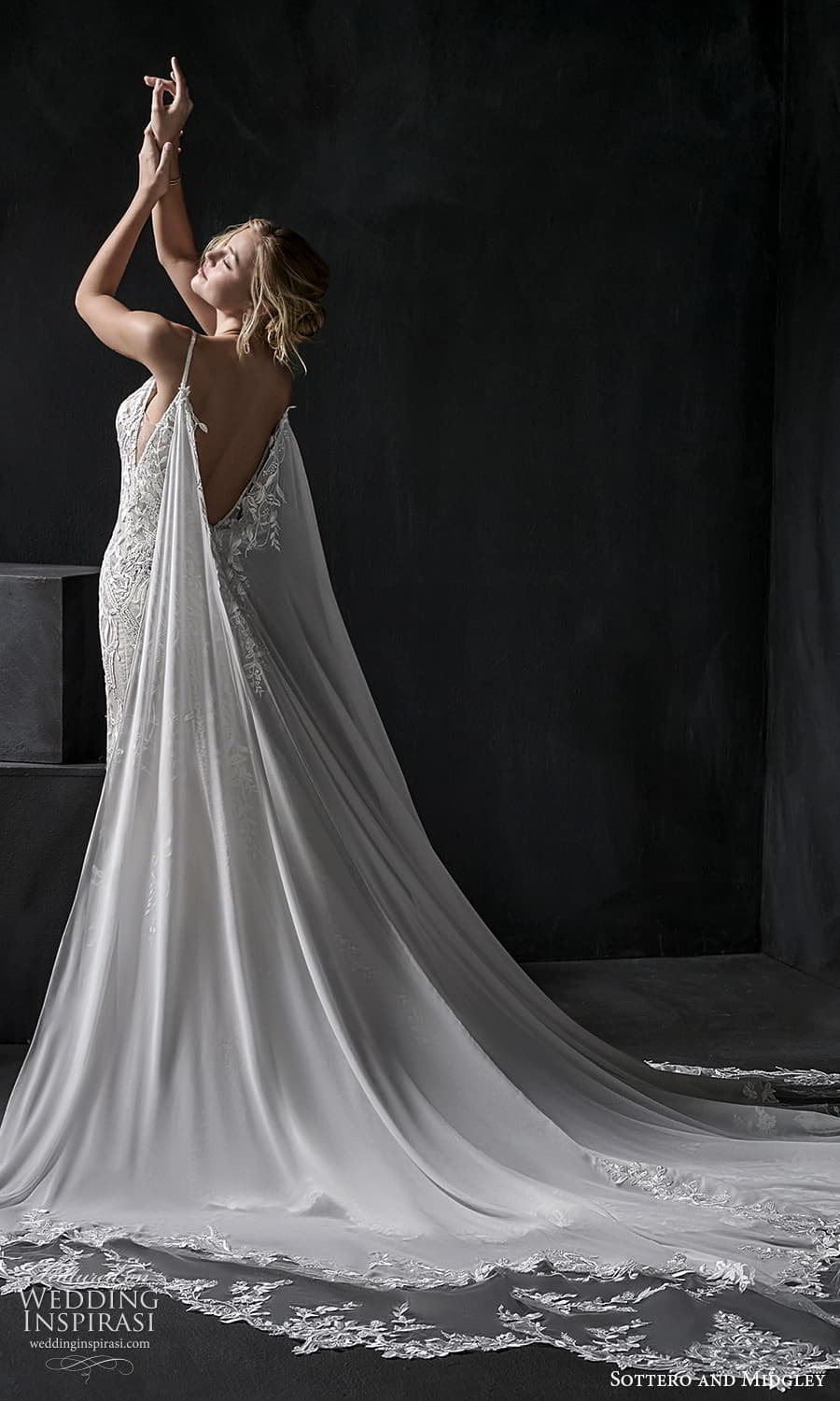 sottero midgley fall 2022 bridal sleeveless thin staps sweetheart neckline fully embellished fit flare wedding dress chapel train cape low back (12) bv sottero midgley fall 2022 bridal sleeveless thin staps sweetheart neckline fully embellished fit flare wedding dress chapel train cape low back (12) bv
