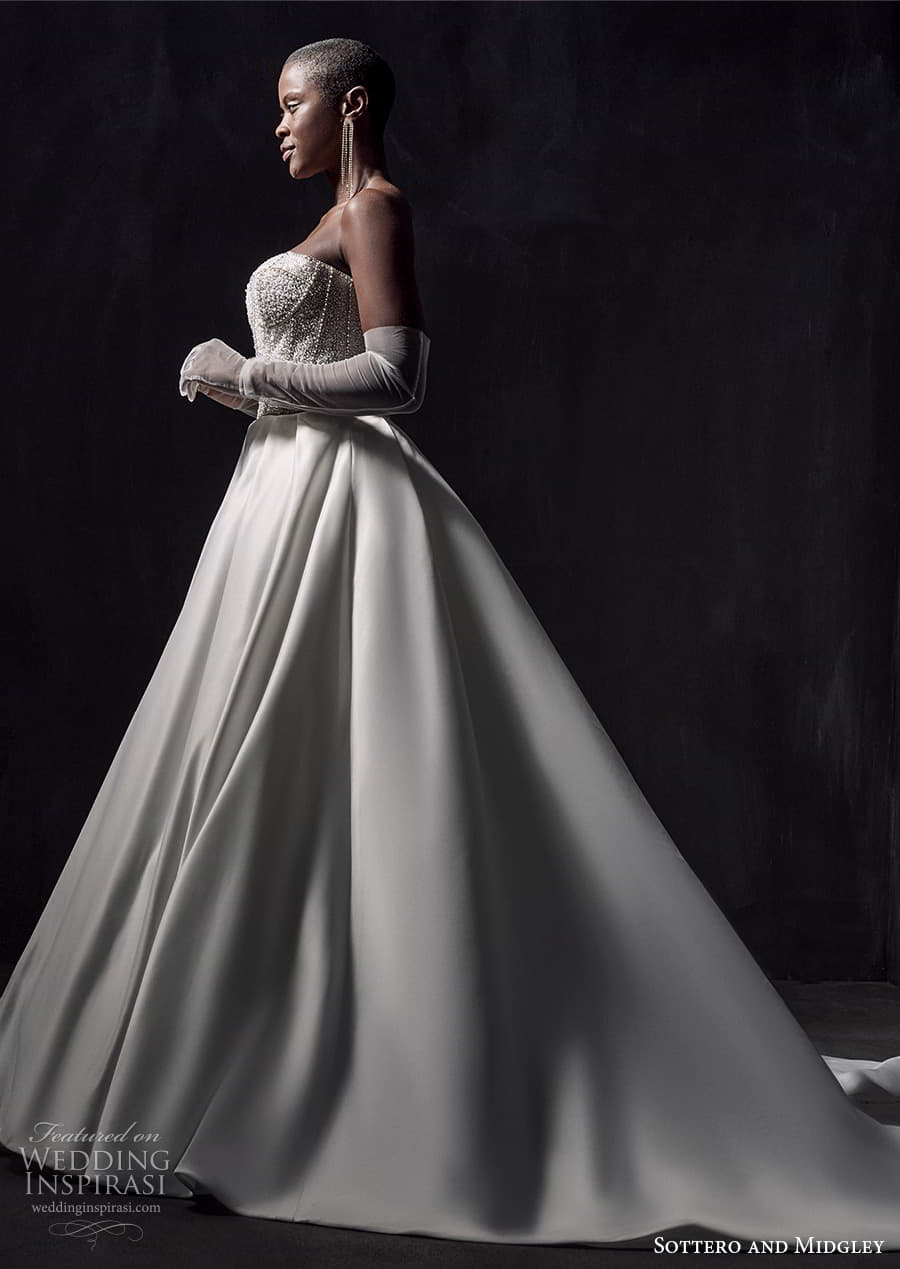 sottero midgley fall 2022 bridal strapless sweetheart neckline heavily embellished corset bodice clean skirt a line ball gown wedding dress chapel train (5) sv sottero midgley fall 2022 bridal strapless sweetheart neckline heavily embellished corset bodice clean skirt a line ball gown wedding dress chapel train (5) sv