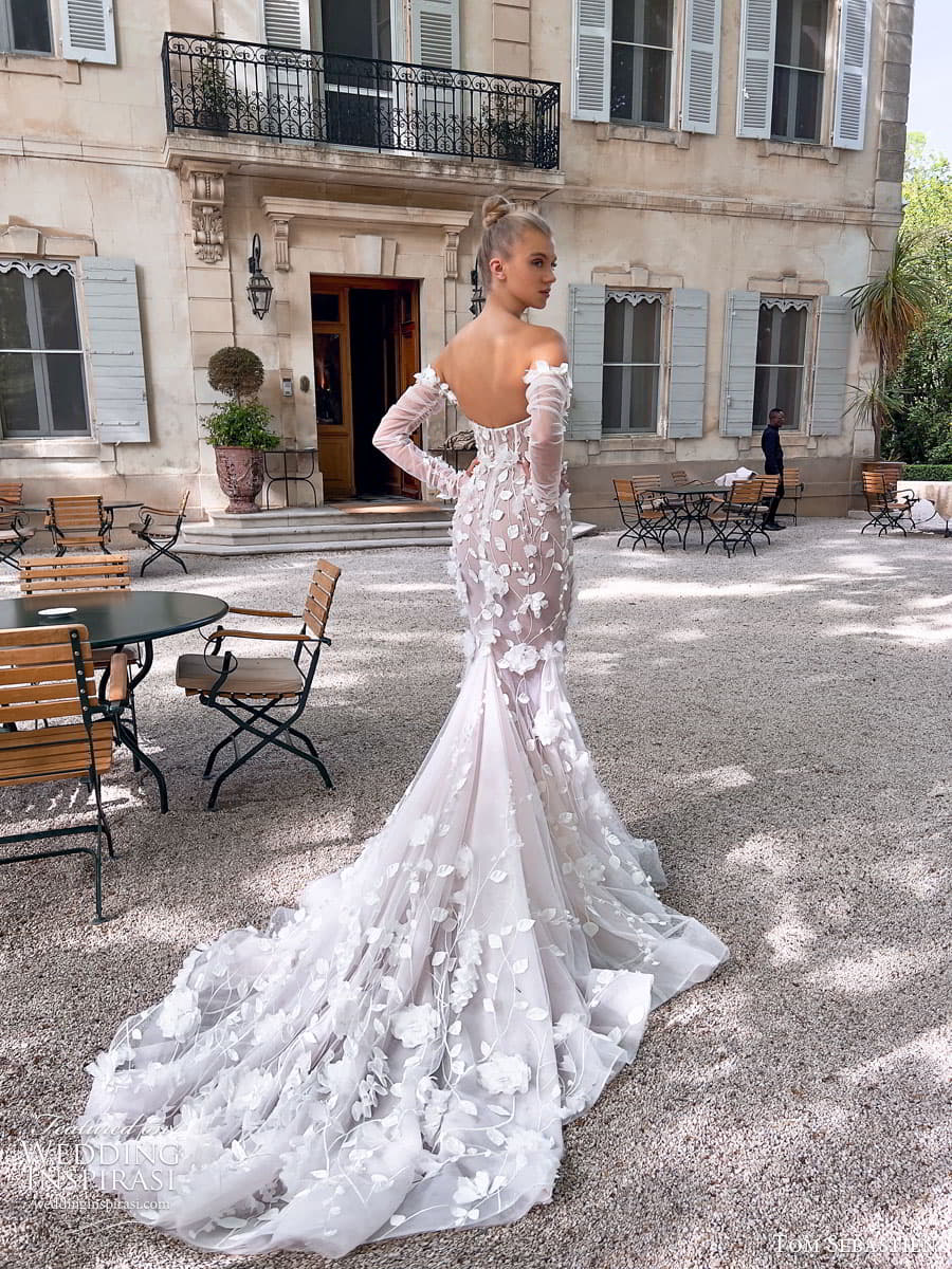 tom sebastien spring 2023 bridal long puff sleeve strapless sweetheart lace fit flare sheath mermaid wedding dress chapel train antonella 5