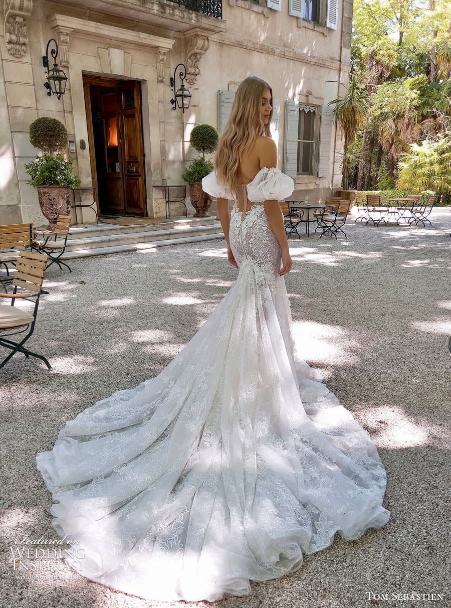 tom sebastien spring 2023 bridal long puff sleeve strapless sweetheart lace fit flare sheath mermaid wedding dress chapel train elly rose 2