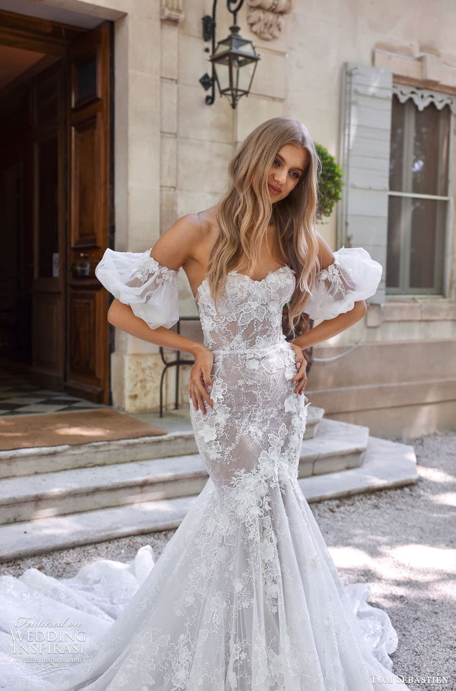 tom sebastien spring 2023 bridal long puff sleeve strapless sweetheart lace fit flare sheath mermaid wedding dress chapel train elly rose 8