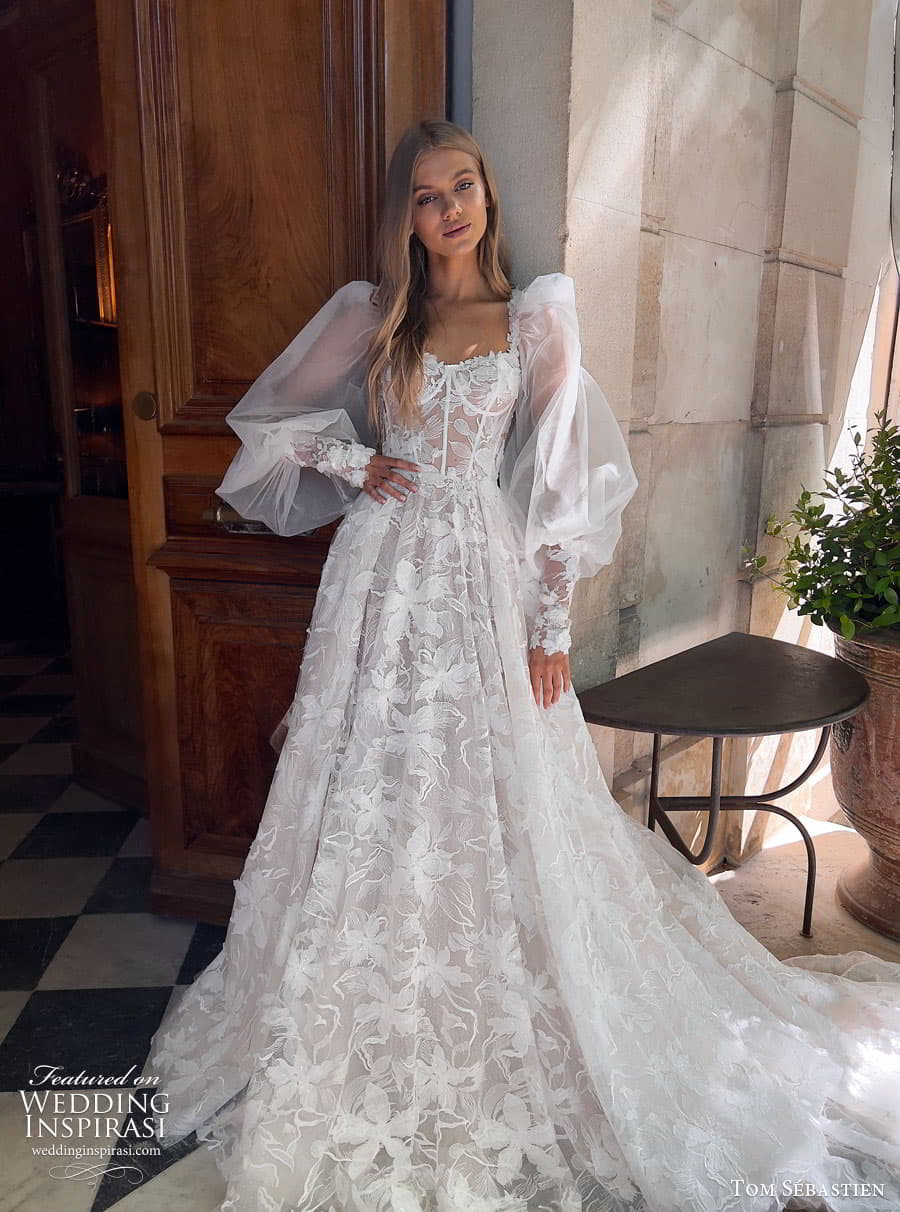 tom sebastien spring 2023 bridal long puff sleeve strapless sweetheart lace fit flare sheath mermaid wedding dress chapel train gimaya 1