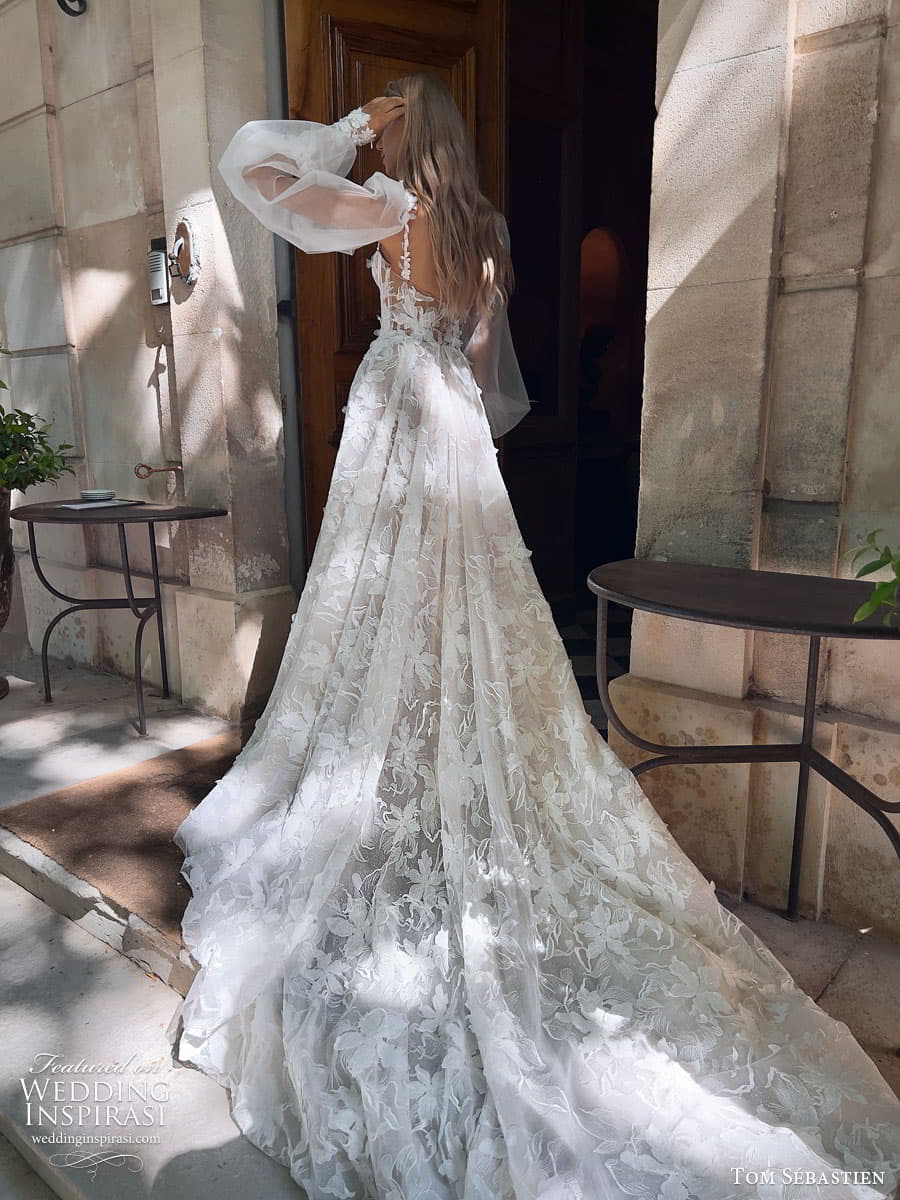 tom sebastien spring 2023 bridal long puff sleeve strapless sweetheart lace fit flare sheath mermaid wedding dress chapel train gimaya 2