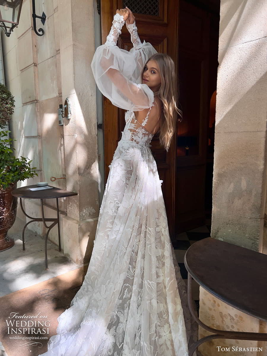 tom sebastien spring 2023 bridal long puff sleeve strapless sweetheart lace fit flare sheath mermaid wedding dress chapel train gimaya 3