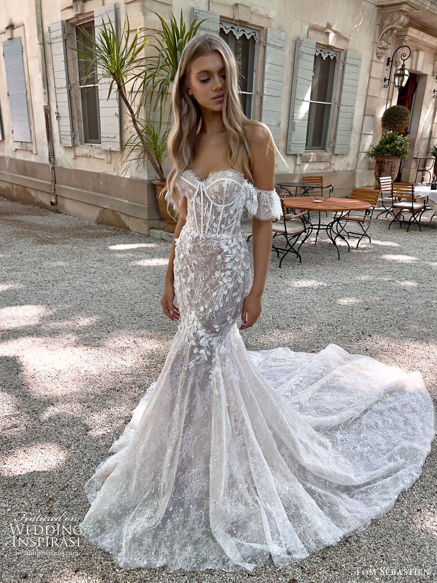 tom sebastien spring 2023 bridal long puff sleeve strapless sweetheart lace fit flare sheath mermaid wedding dress chapel train jane 3