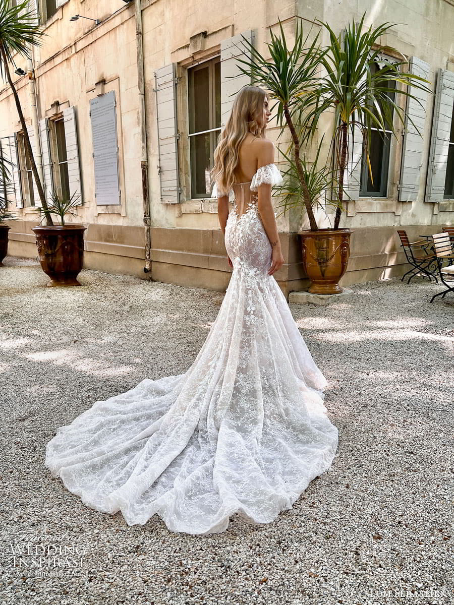 tom sebastien spring 2023 bridal long puff sleeve strapless sweetheart lace fit flare sheath mermaid wedding dress chapel train jane 4