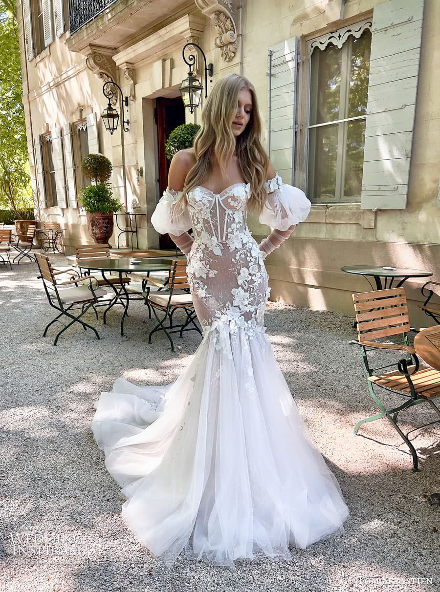tom sebastien spring 2023 bridal long puff sleeve strapless sweetheart lace fit flare sheath mermaid wedding dress chapel train kimberly 2