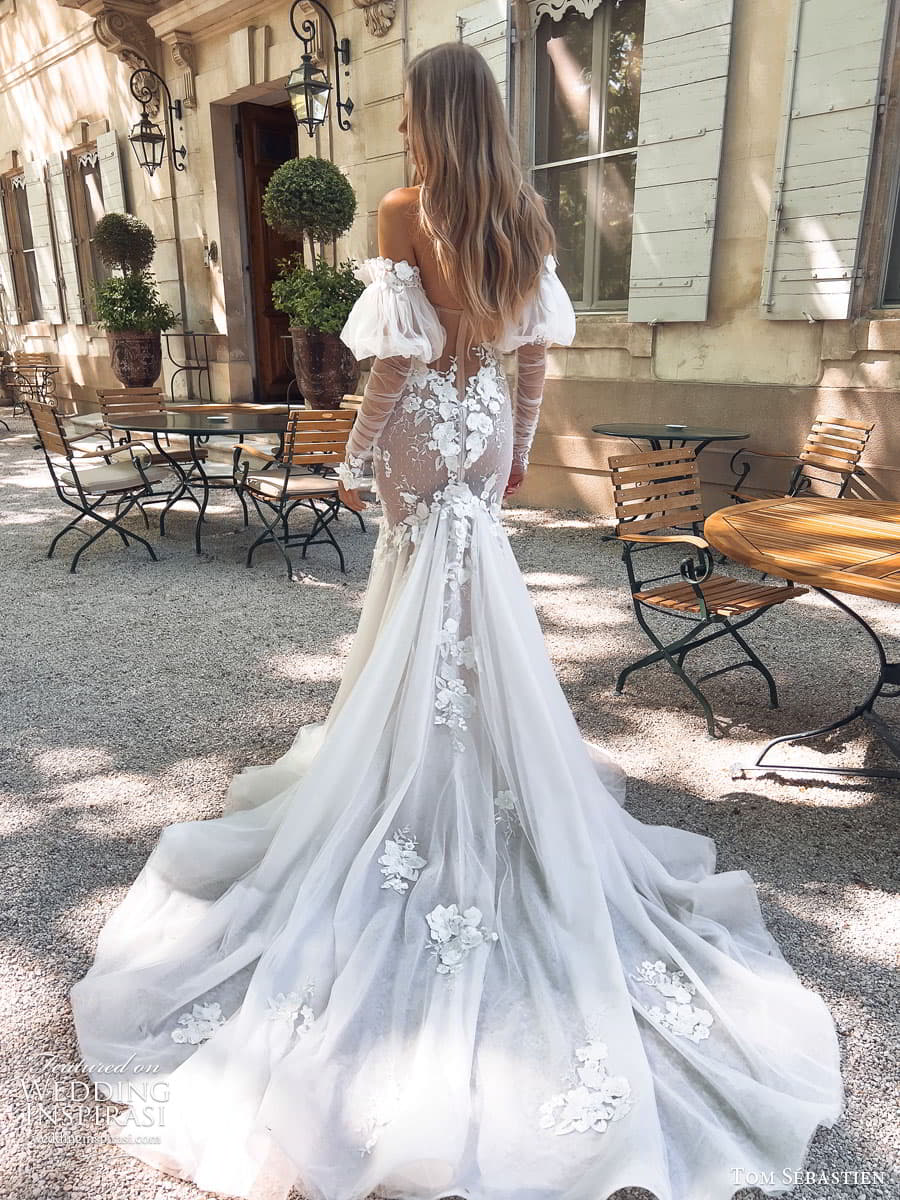 tom sebastien spring 2023 bridal long puff sleeve strapless sweetheart lace fit flare sheath mermaid wedding dress chapel train kimberly 4