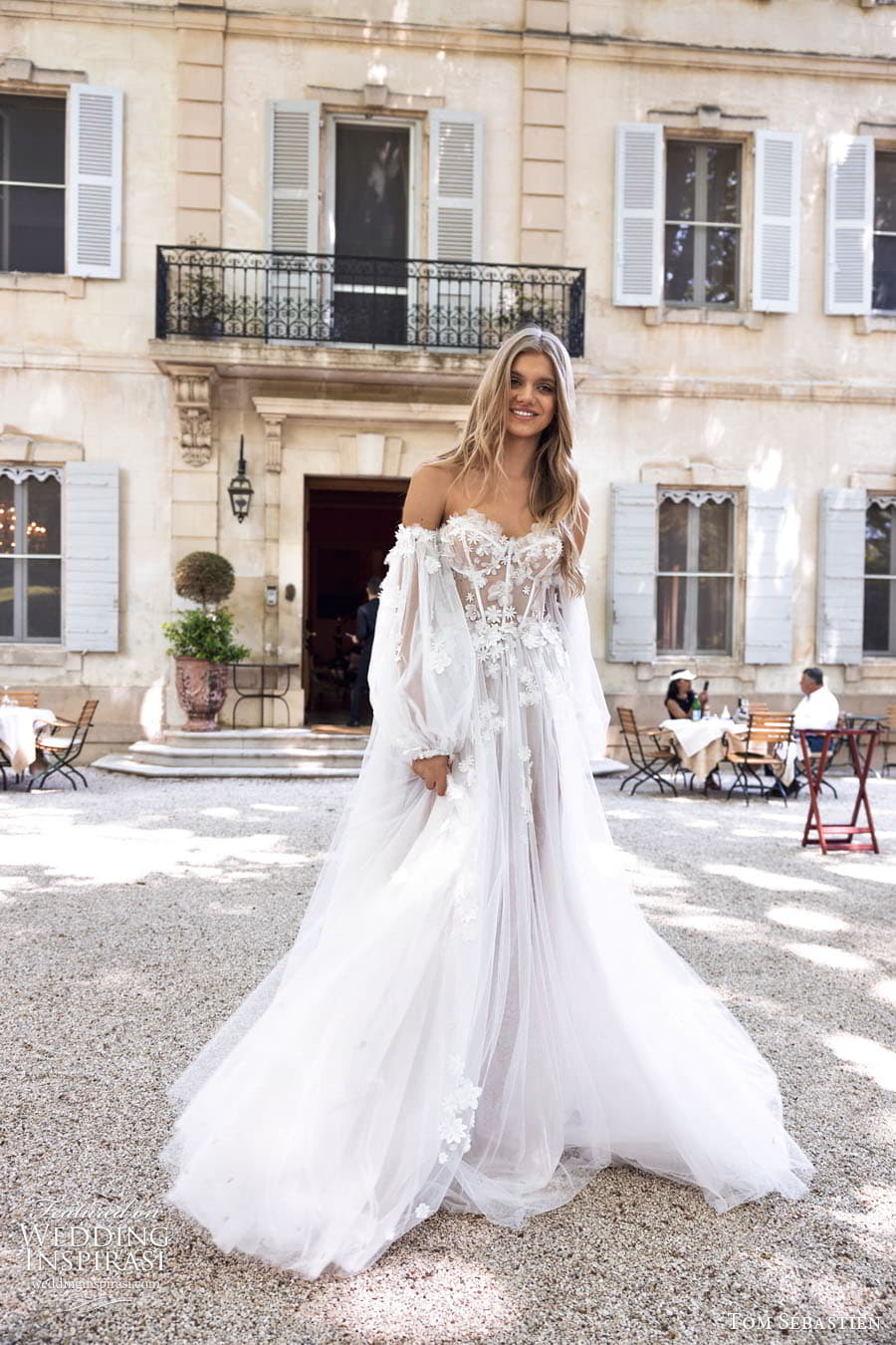 tom sebastien spring 2023 bridal long puff sleeve strapless sweetheart lace fit flare sheath mermaid wedding dress chapel train musette 1 tom sebastien spring 2023 bridal long puff sleeve strapless sweetheart lace fit flare sheath mermaid wedding dress chapel train musette 1
