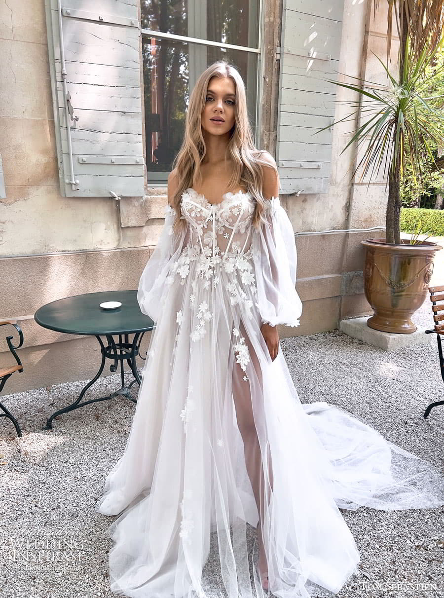 tom sebastien spring 2023 bridal long puff sleeve strapless sweetheart lace fit flare sheath mermaid wedding dress chapel train musette 2