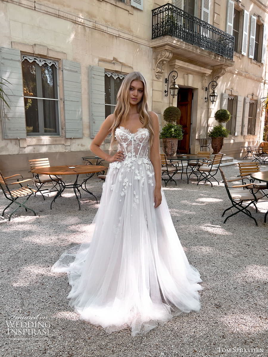 tom sebastien spring 2023 bridal long puff sleeve strapless sweetheart lace fit flare sheath mermaid wedding dress chapel train musette 6 tom sebastien spring 2023 bridal long puff sleeve strapless sweetheart lace fit flare sheath mermaid wedding dress chapel train musette 6