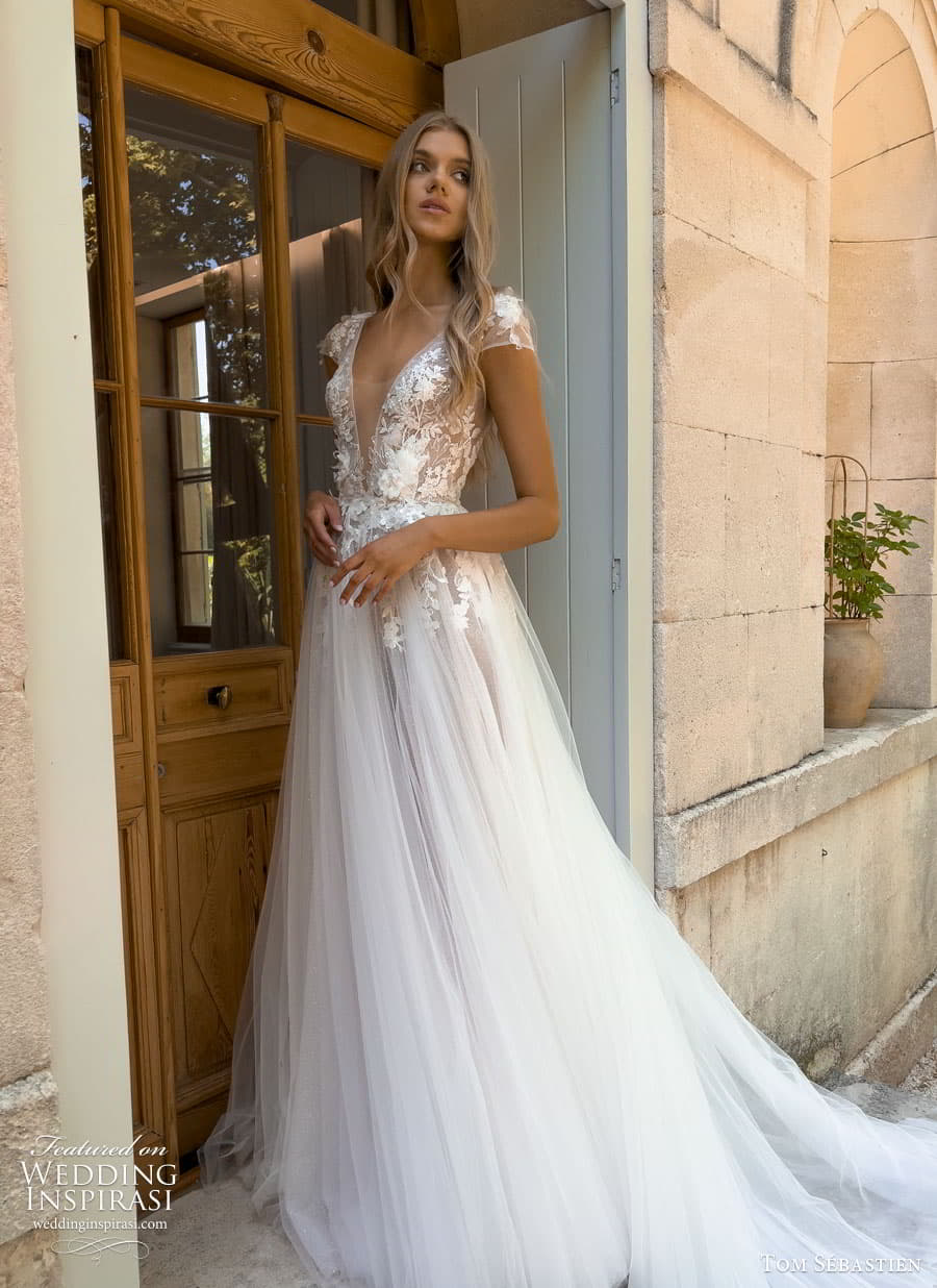 tom sebastien spring 2023 bridal long puff sleeve strapless sweetheart lace fit flare sheath mermaid wedding dress chapel train paige 4 tom sebastien spring 2023 bridal long puff sleeve strapless sweetheart lace fit flare sheath mermaid wedding dress chapel train paige 4