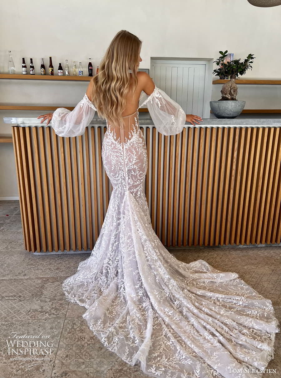 tom sebastien spring 2023 bridal long puff sleeve strapless sweetheart lace fit flare sheath mermaid wedding dress chapel train ruth 8