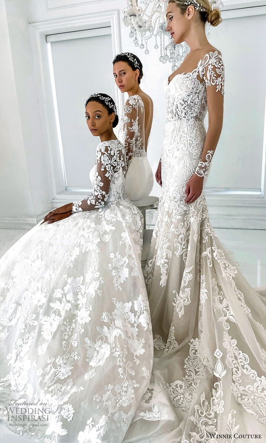 winnie couture 2022 bridal illusion long sleeve v sweetheart neckline romantic lace sheath a line ball gown wedding dress chapel train (3) sv