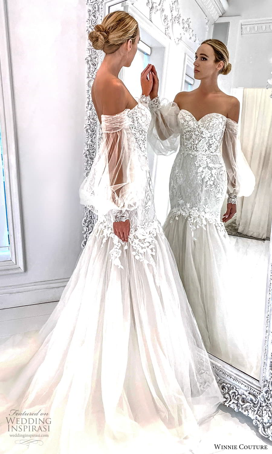 winnie couture 2022 bridal off shoulder long bishop sleeve sweetheart necklnie fully embellished lace fit flare wedding dress chapel train (11) mv