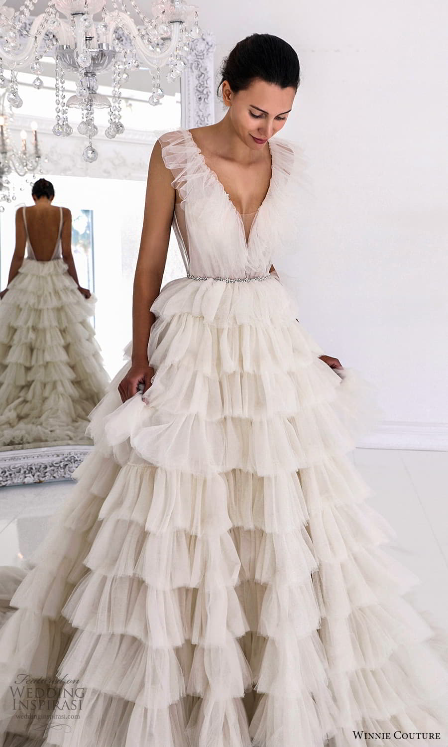 winnie couture 2022 bridal sleeveless flutter sleeve v neckline tiered ruffle skirt a line ball gown wedding dress chapel train (5) mv