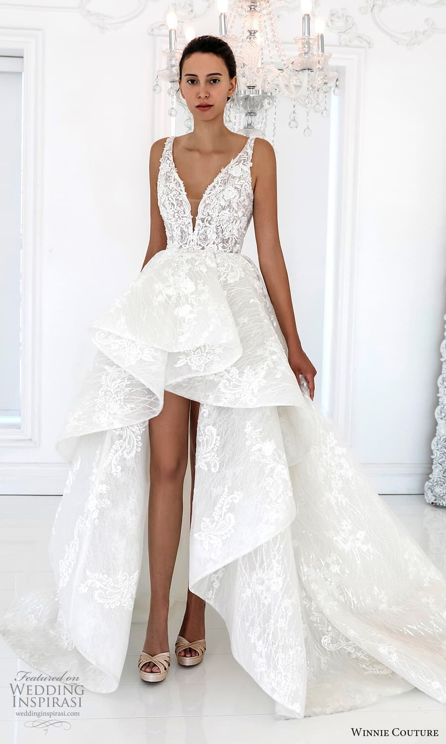 winnie couture 2022 bridal sleeveless straps v neckline embellished bodice a line high low wedding dress chapel train (12) mv