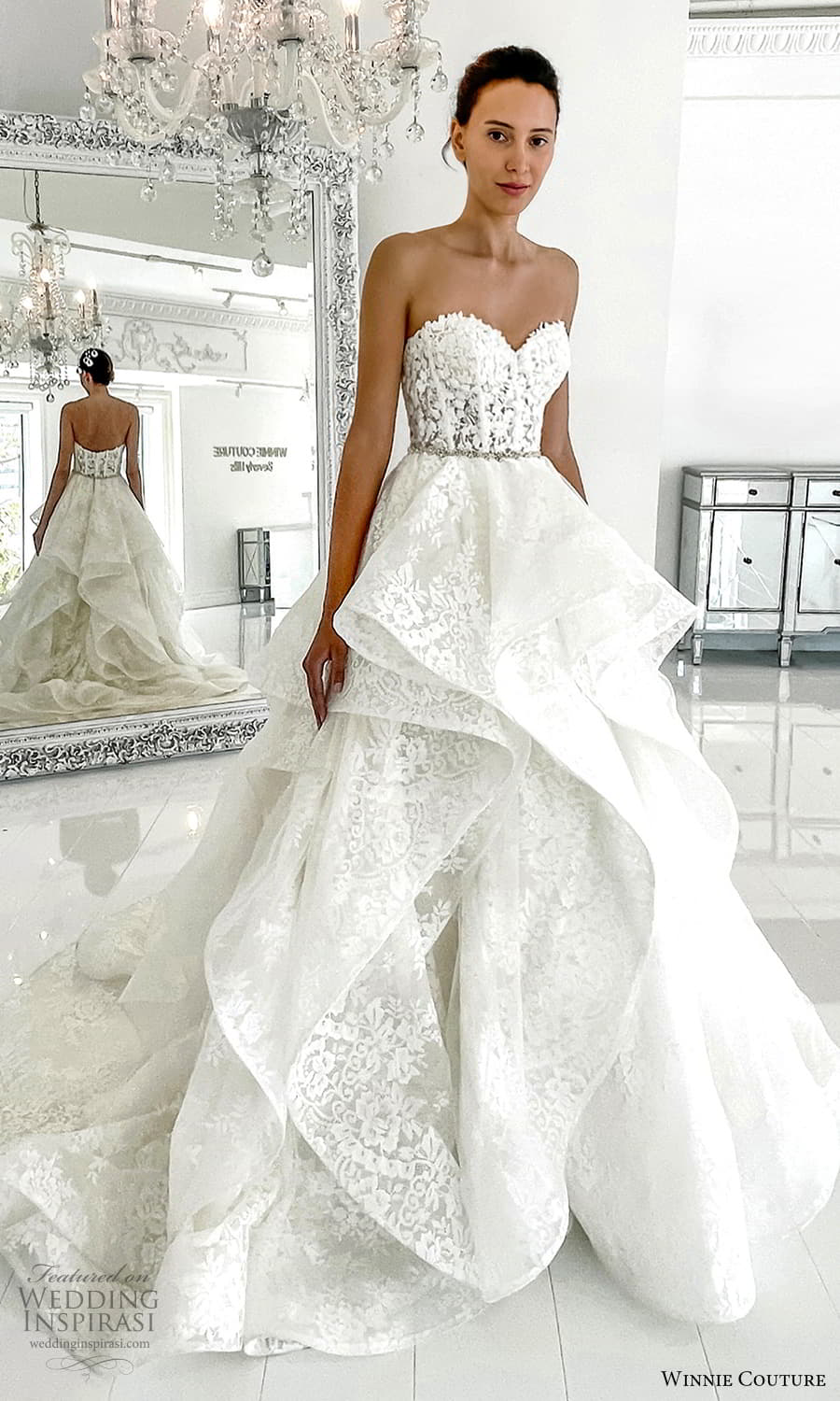winnie couture 2022 bridal strapless sweetheart neckline embellished boddice lace tiered skirt a line ball gown wedding dress chapel train (10) mv