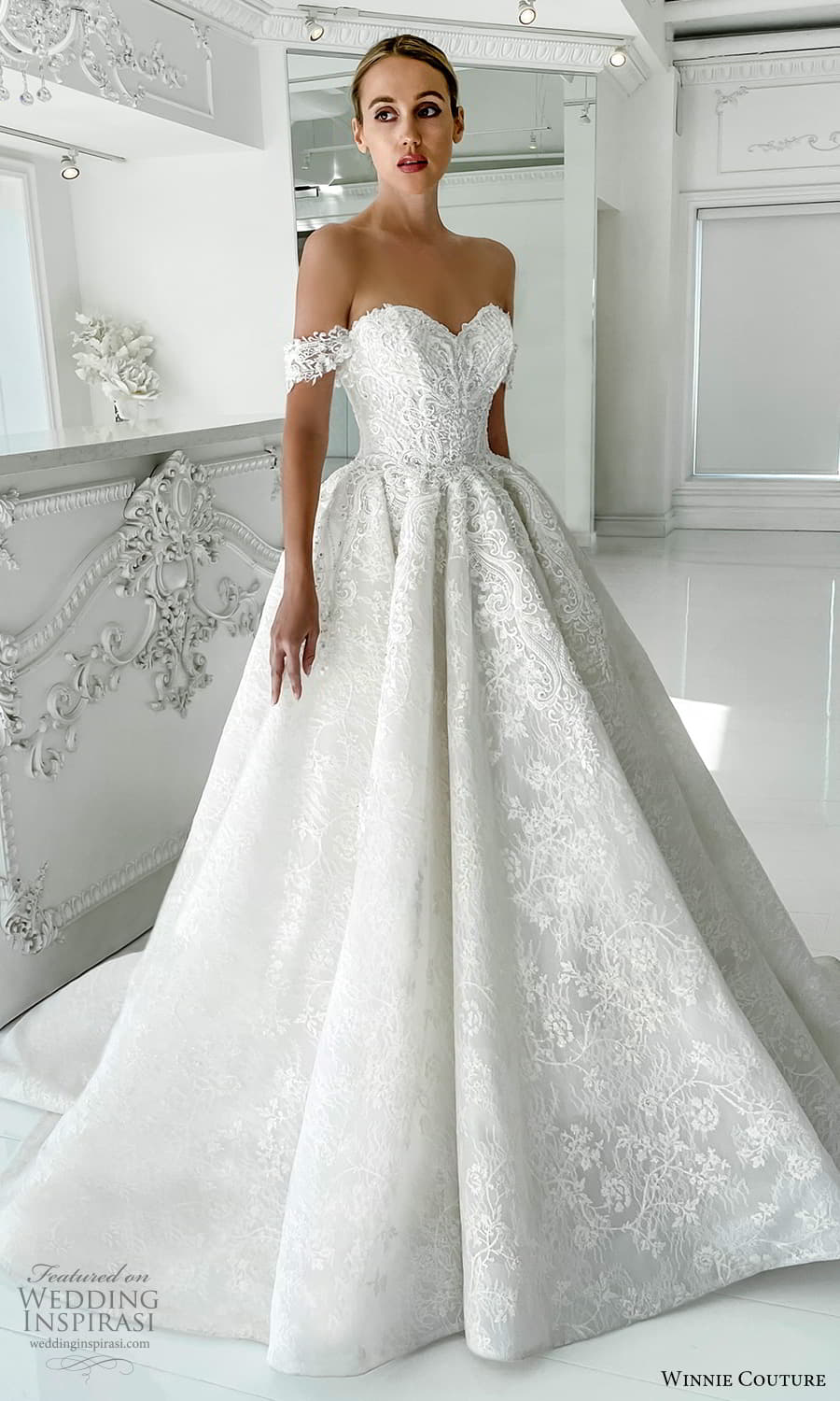 winnie couture 2022 bridal swag sleeve off shoulder strap sweetheart neckline fully embellished lace a line ball gown wedding dress chapel train (9) mv