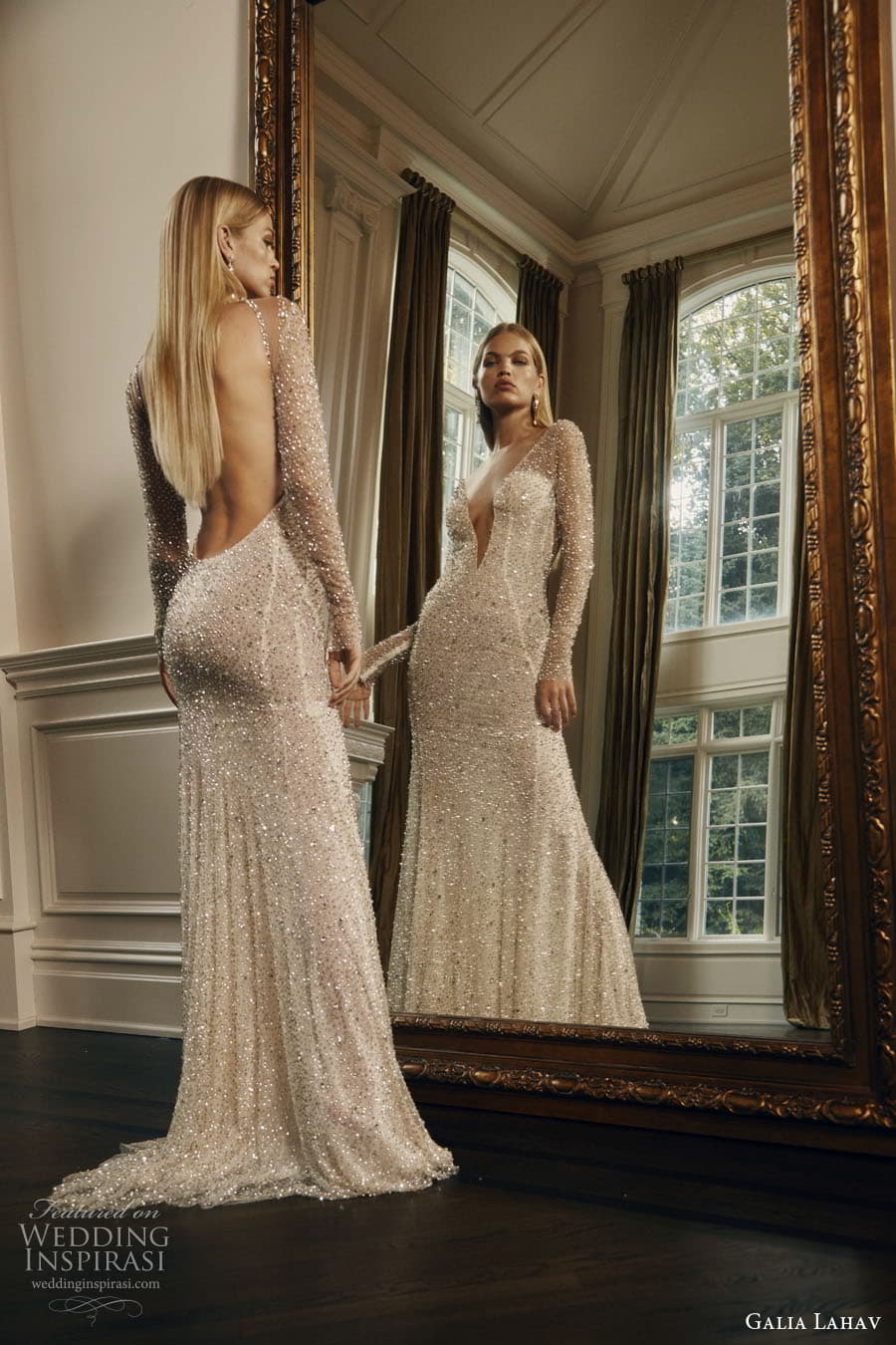 galia lahav fall 2023 couture bridal strapless long sleeve sweetheart neckline sheath a line ball gown wedding dress chapel train blonde2