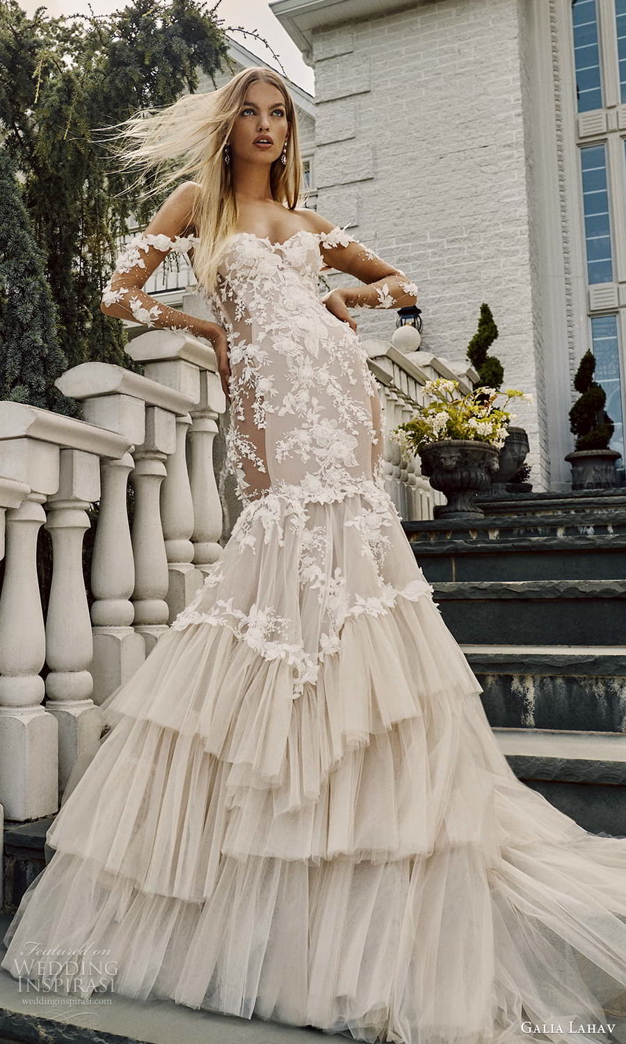 galia lahav fall 2023 couture bridal strapless long sleeve sweetheart neckline sheath a line ball gown wedding dress chapel train veronica lv