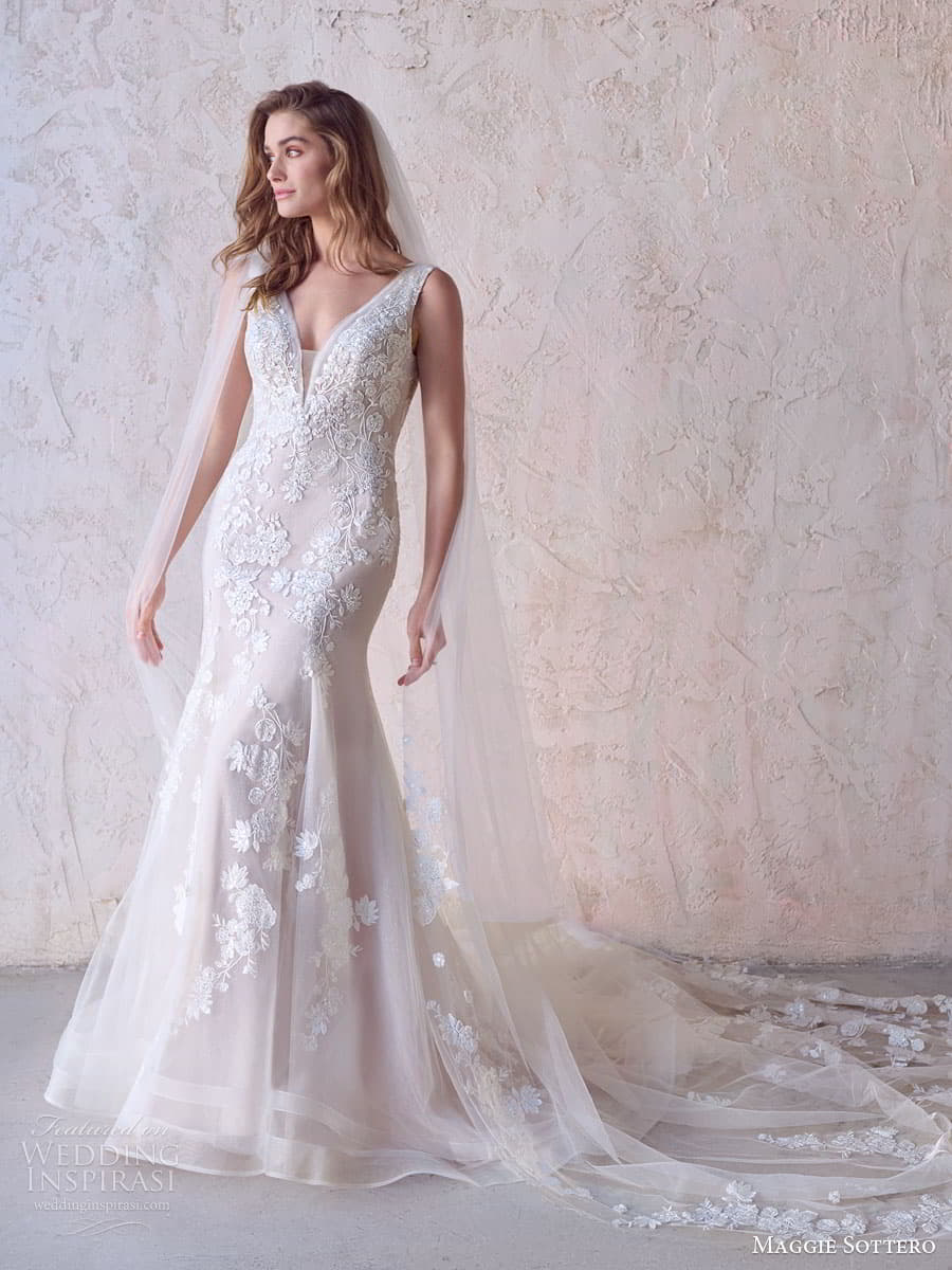 maggie sottero fall 2022 bridal sweetheart v neckline daisy fit and flare wedding dress chapel train c960 1 ch