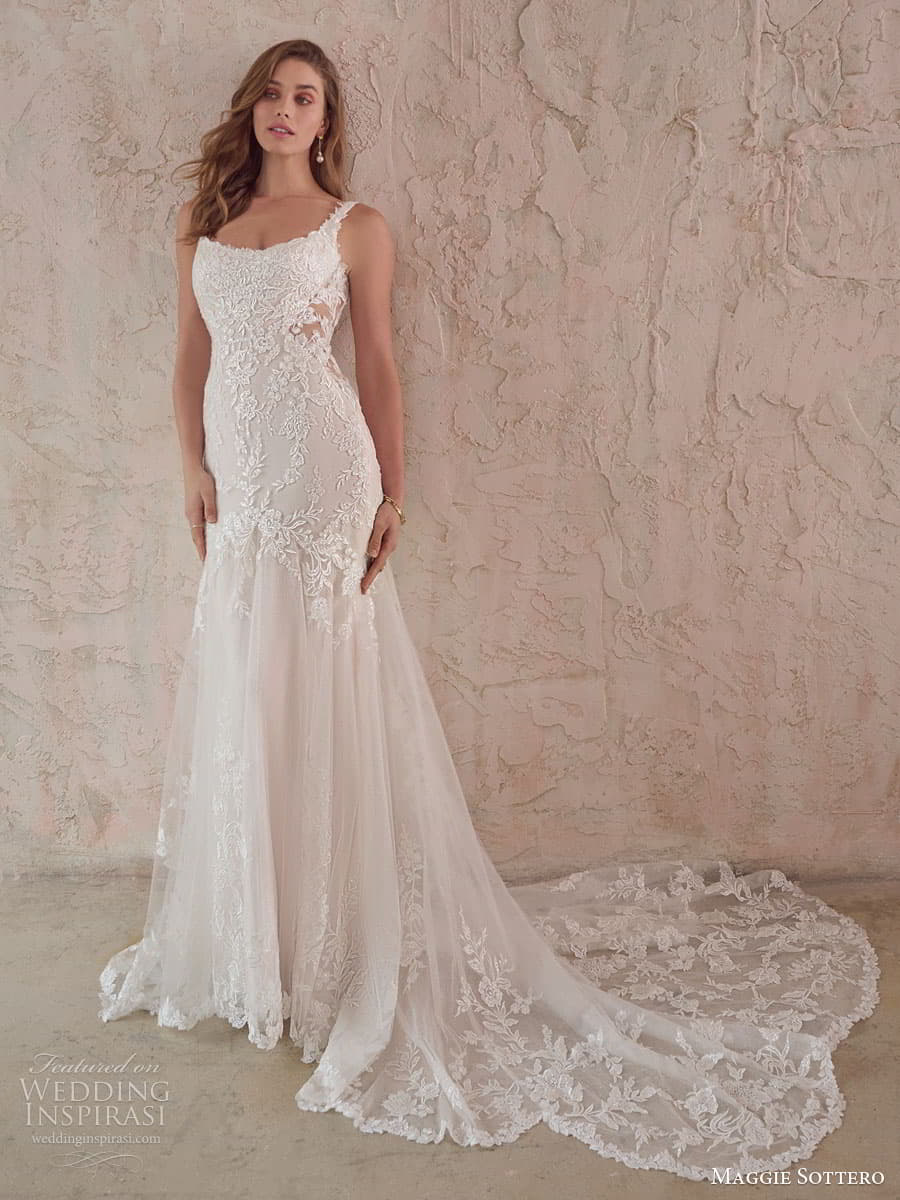 maggie sottero fall 2022 bridal sweetheart v neckline samantha fit and flare wedding dress chapel train w915 2 bls